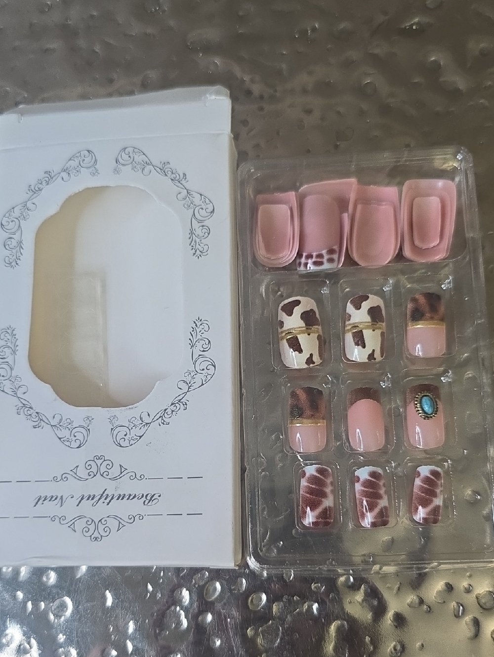 Beautiful Nsil Pink and Brown Press-On Nail Set with Animal Print Accent, NWT